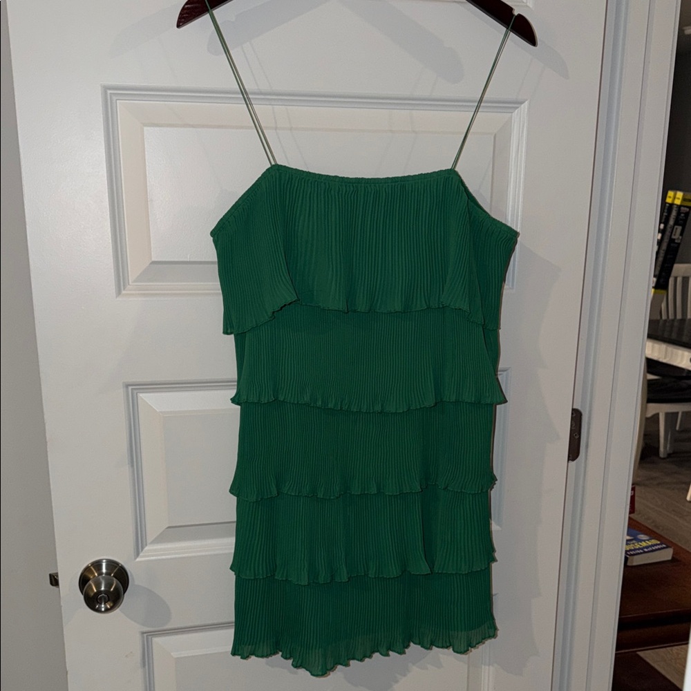 SHEIN Emerald Green Pleated Ribbed Ruffle Tier Dress XL